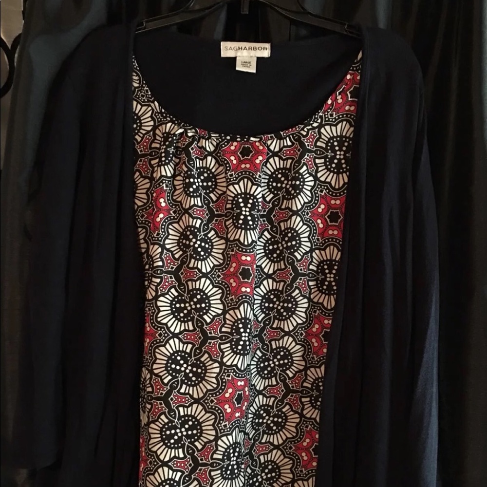 Blue Cardigan with Abstract Top